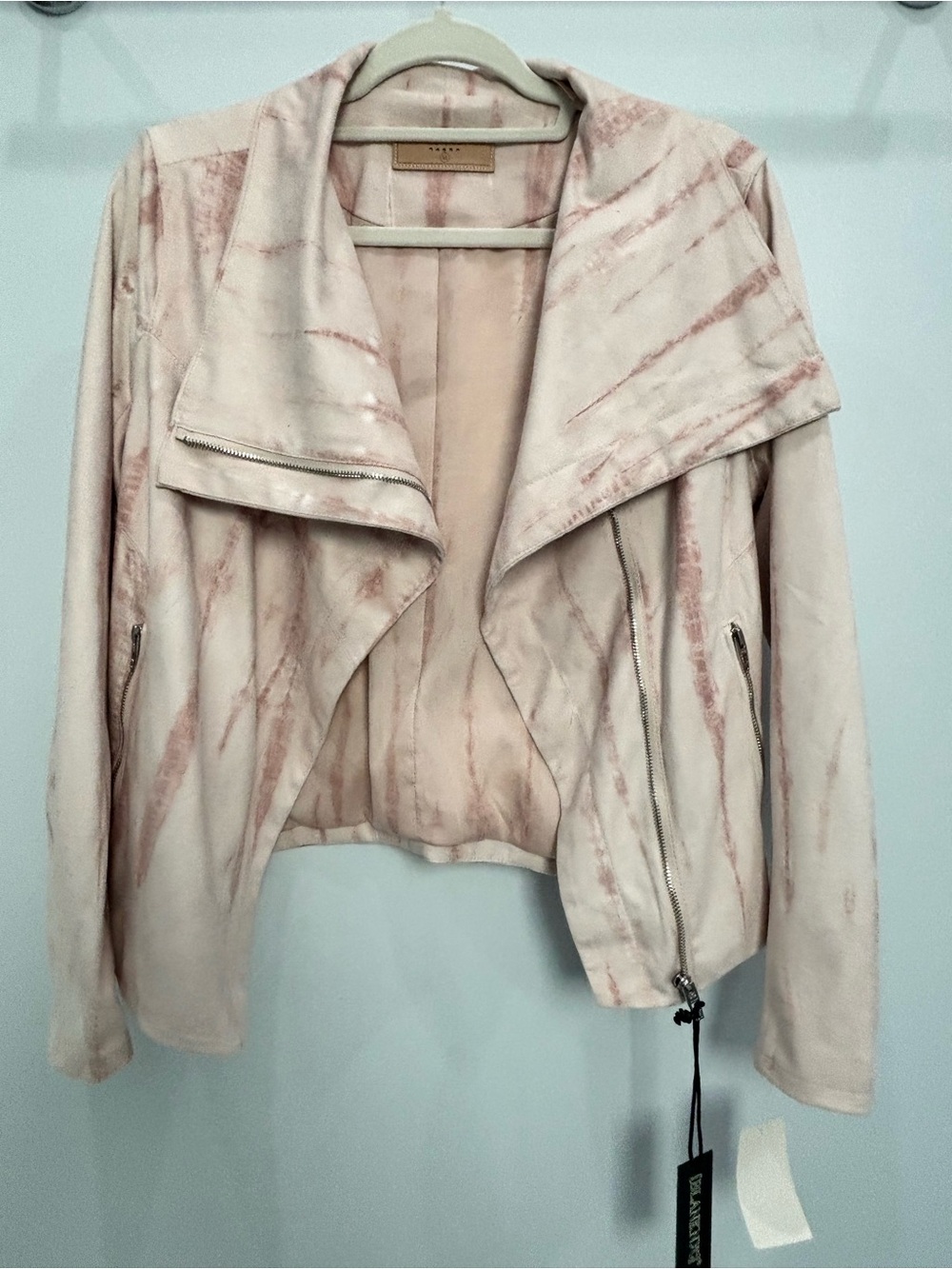Blank NYC Pink Marble Faux Suede Draped Moto Jacket